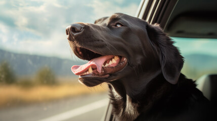 Beautiful Brown Labrador Poking its Head Out of Car Window, Enjoying a Road Trip Adventure, Generative AI