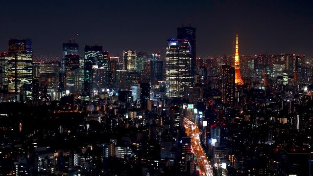 TOKYO - OCT 3rd, 2022: Aerial view of Tokyo Tower from Shibuya, Tokyo, Japan at night