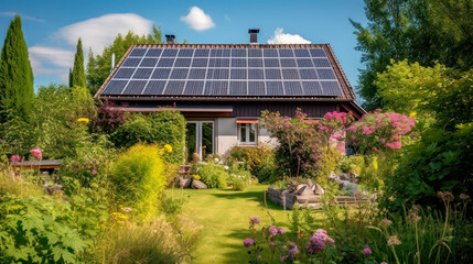 Eco-Friendly Countryside Living: Self-Sufficient House with Beautifully Landscaped Garden and Solar Panels, Generative AI