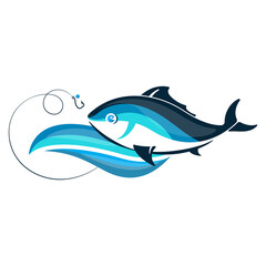 Fish on the wave and tackle on the line. Symbol for fishing and seafood
