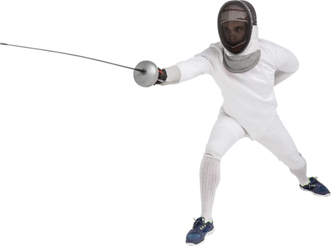 Man wearing fencing suit practicing with sword