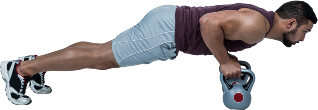 Muscular man doing push ups with kettlebells - Powered by Adobe