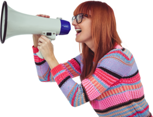 Smiling hipster woman shooting through megaphone