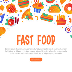 Fast Food Snack and Tasty Meal Web Banner with Button Vector Template