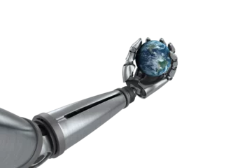 Foto auf Acrylglas Chrome robotic hand holding globe © vectorfusionart