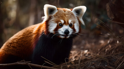 Obraz premium Red panda in Temperate Forest. Generative AI