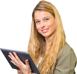 Portrait of happy female student using digital tablet