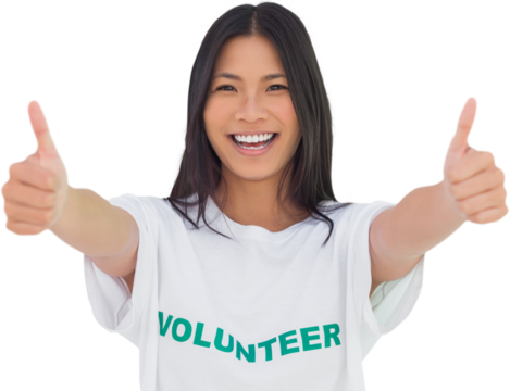 Woman wearing volunteer tshirt giving thumbs up