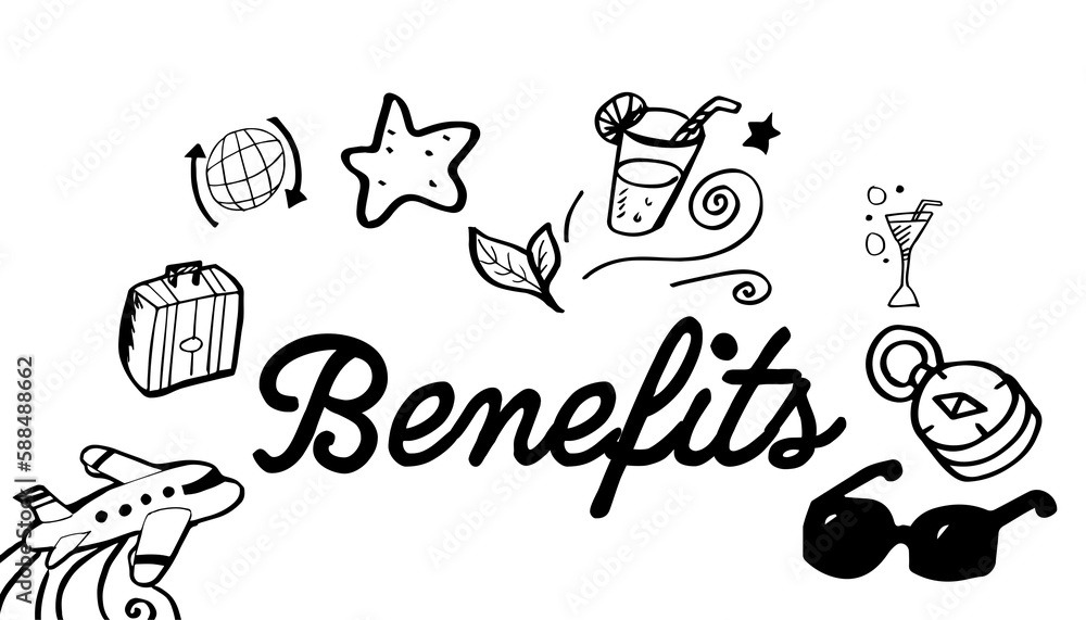 Poster benefit text surrounded by various vector icons