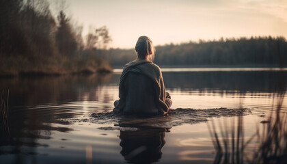 Caucasian couple sitting, enjoying tranquil sunset reflection generated by AI