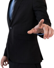 Mid section of businessman in suit using invisible interface