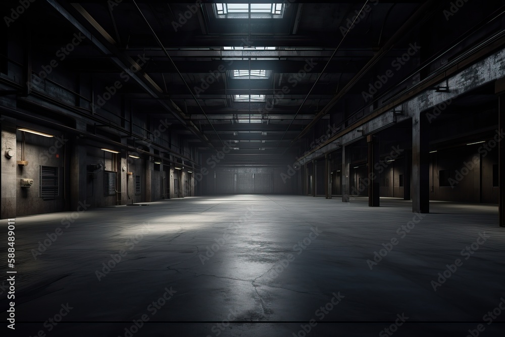 Poster three dimensional render of dark empty warehouse. ai generated