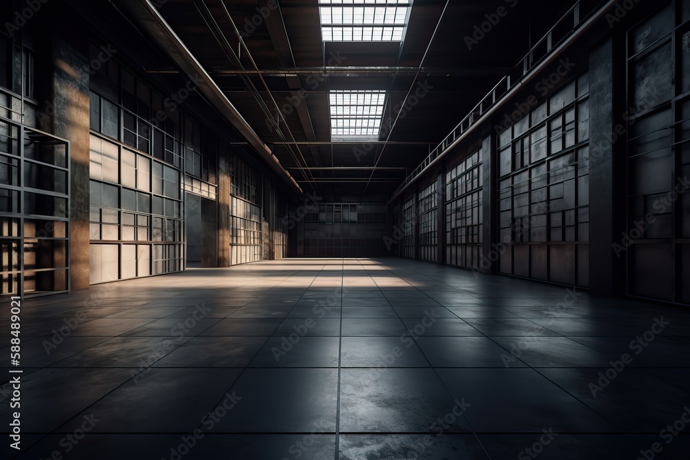 Poster three dimensional render of dark empty warehouse. ai generated