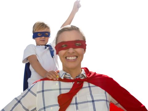 Mother and son pretending to be superhero