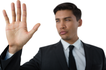 Close up of young businessman touching invisible interface
