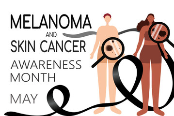 Melanoma and skin cancer awareness month background. Poster template with male and female characters checked moles, birthmarks under magnifying glass. Vector illustration