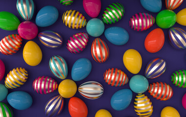 Fototapeta na wymiar Colorful and gold striped easter eggs background. 3d render. Happy Easter eggs big hunt or sale banner