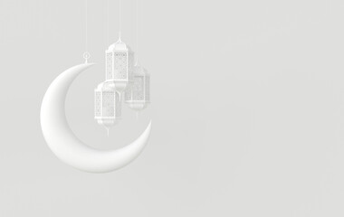 White lantern and crescent moon on white background for muslim holiday Ramadan Kareem. Traditional religious islamic symbol