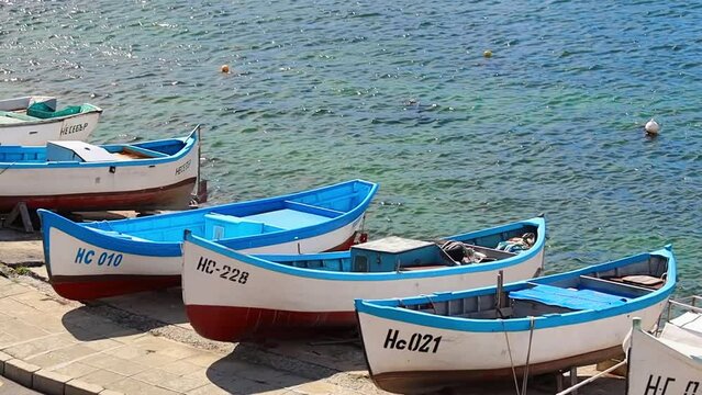 Traditional fishing boats along the coast in old Nessebar town, Bulgaria