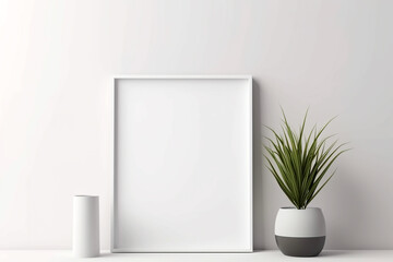 Empty square frame mockup in modern minimalist interior with plant in trendy vase on white wall background