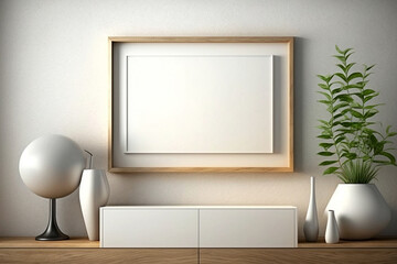 Fototapeta na wymiar Blank wooden picture frame mockup on wall in modern interior, Horizontal artwork template mock up for artwork