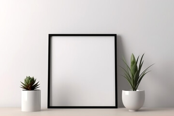 Empty square frame mockup in modern minimalist interior with plant in trendy vase on white wall background
