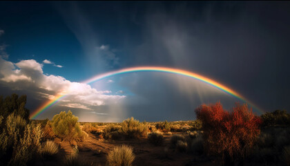 Fototapeta na wymiar Majestic rainbow brightens rural horizon at dusk generated by AI