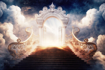 stairway to heaven in glory gates of Paradise meeting, christ, jesus, christian, church, religion, religious, crucifix, generative ai, 