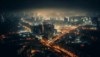 Fototapeta na wymiar City nightlife illuminates the modern urban skyline generated by AI