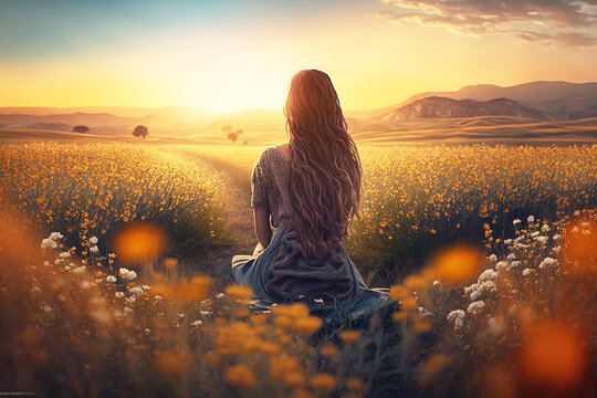 woman sitting among the flowers with her back looking at the landscape, twentyge flowers, image for blogger, generative ai