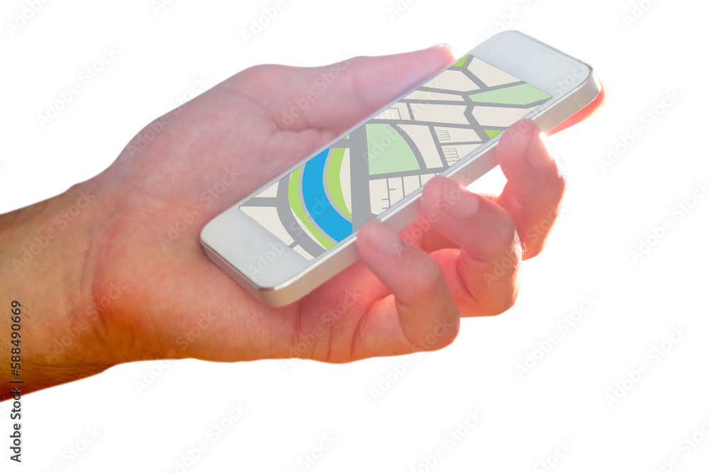 Poster man using map app on phone