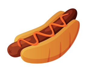 Hot Dog with Sausage Inside Bun with Ketchup as Fast Food Lunch Vector Illustration