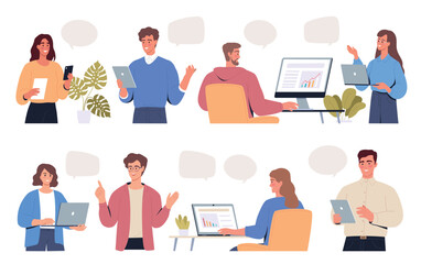 Modern people work together in the office. Teamwork communication. Dialogue bubbles illustration