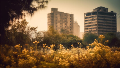 Obraz premium Sunset skyline Modern city reflected in water generated by AI