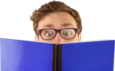 Geeky student reading a book