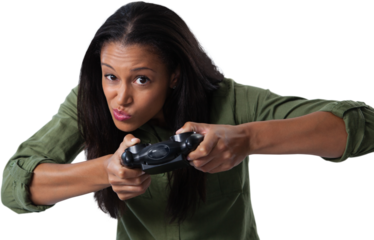 Woman making funny faces while playing video games