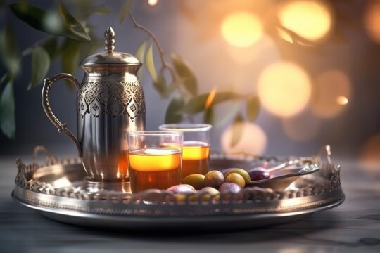  Festive Ramadan Kareem, Glowing Moroccan ornamental lanterns with glass of Turkish tea. Olive tree branch, silver tray. Blurred background,generative ai.