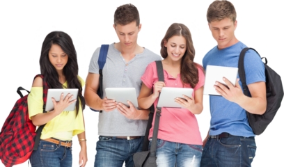 Students with backpacks looking at their tablets