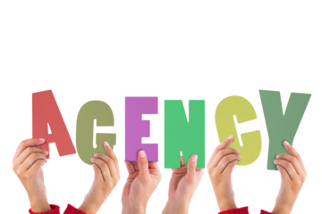Cropped hands holding colorful word agency 