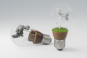lightbulbs with minature wind turbine and coal-fired power station  inside; green soil and clouds; pollution and smoke; renewable clean energy concept; infinite background; 3D Illustration