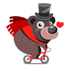 Cute bear and rabbit with bicycle. Circus show illustration. T-shirt graphics. Animals on vintage bikes. Cartoon character for children. Prints, greeting cards, textile
