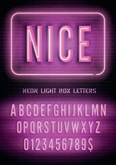Lovely night box light extra glow font with numbers. Nice sign with pink narrow neon alphabet on dark brick wall background. Vector illustration