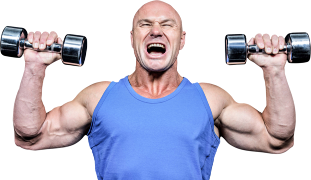 Aggressive man lifting dumbbells - Powered by Adobe
