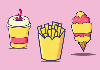 Fast Food Item Illustration.Ice cream cone png, french fries png, drinks vector in isolated background