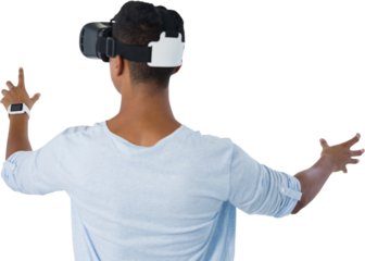 Rear view of man using virtual reality headset