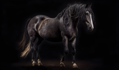 Naklejka na ściany i meble Beautiful dark horse on a black background. Generated AI