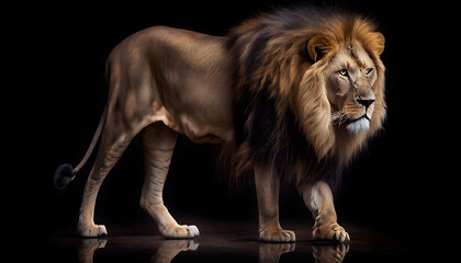 Obraz premium Beautiful lion on a black background. Generated AI