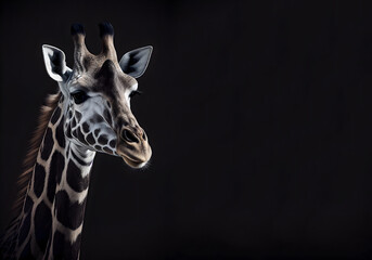 Naklejki  Portrait of a giraffe on a black background with space for text. Generated AI