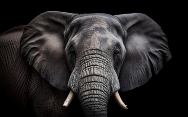 Fototapeta na wymiar Close-up portrait of an elephant on a black background. Generated AI