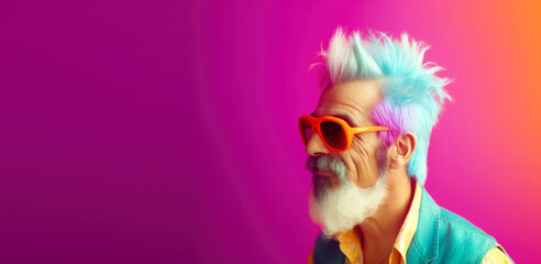 elder man with bright color hair and sunglasses on flat background with empty space for text (created with Generative AI)